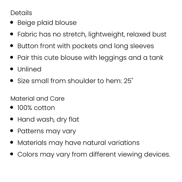 Pink Lily “Just Alike” Beige Plaid Button Up Blouse size Medium - Picture 4 of 7